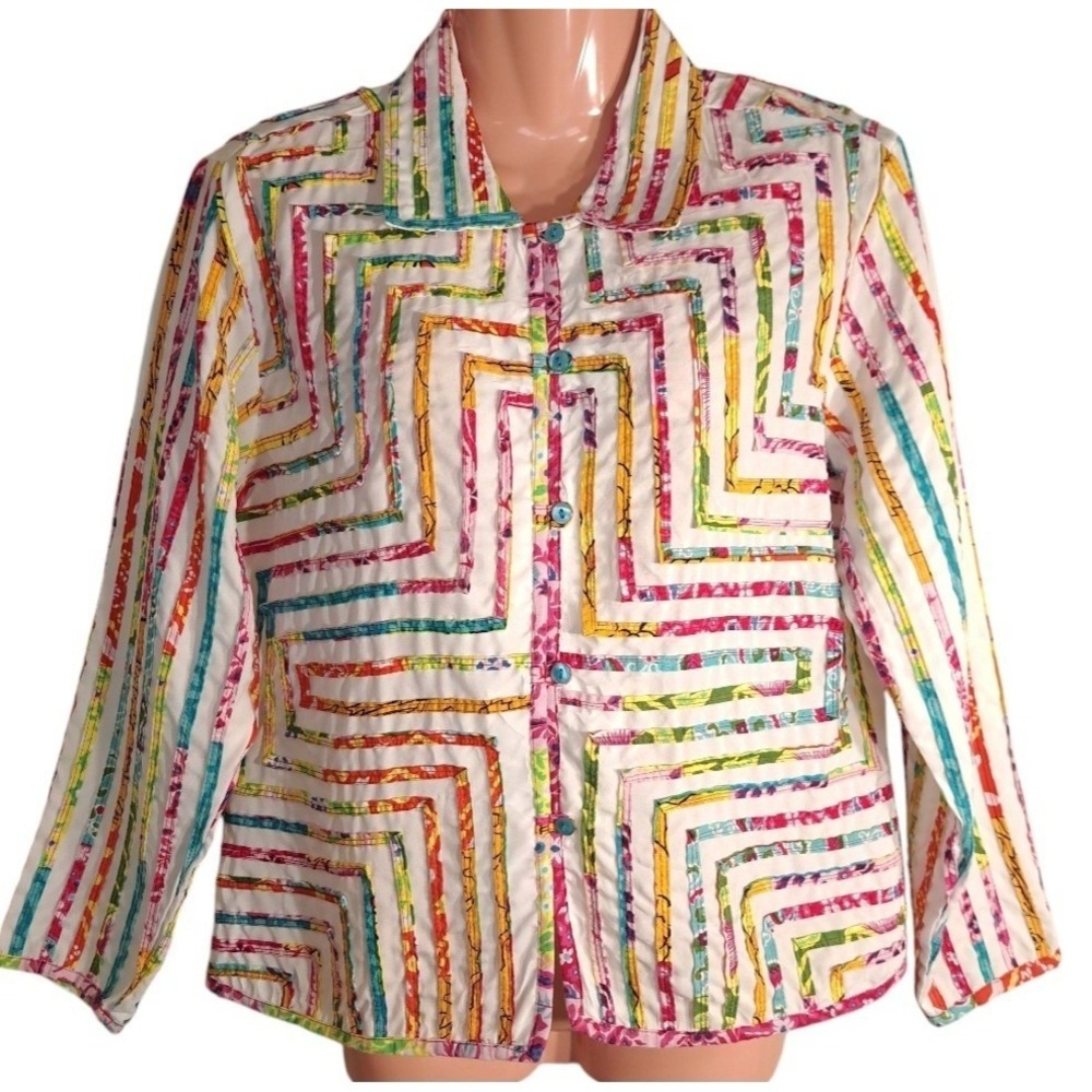 Vintage‎ Lifestyle Women's Collared Blouse Size MP White/Multicolor Long Sleeve